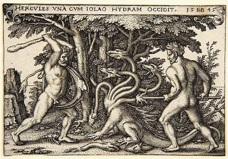 Heracles And Iolaus Dispatching The Hydra With Club And Fire Depicted In 1545 By German Engraver Painter Hans Sebald Beham