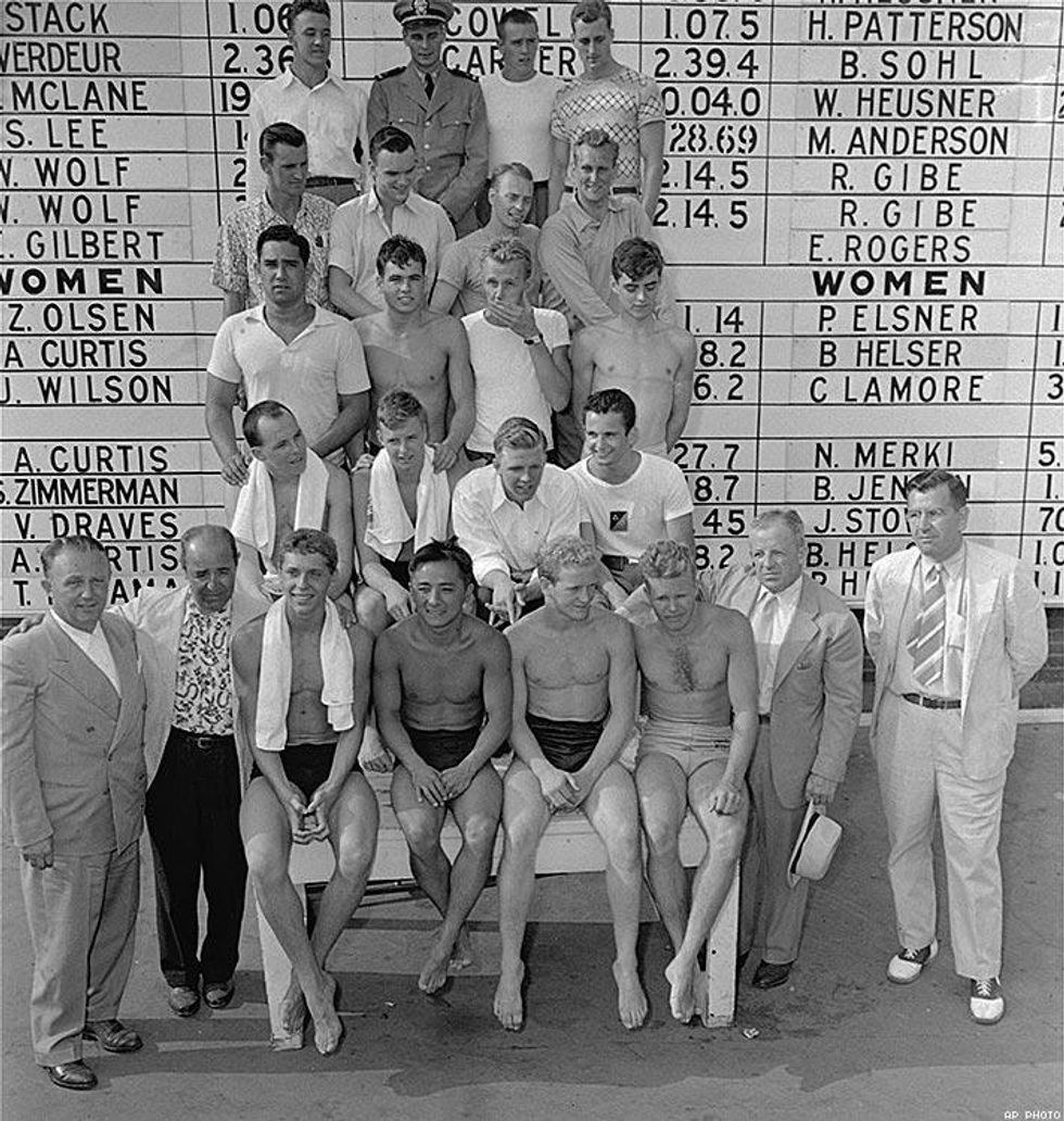 1948: Posing with their coaches are the U.S. men's Olympic swimming and diving teams selected in Detroit for the Olympic Games in London.