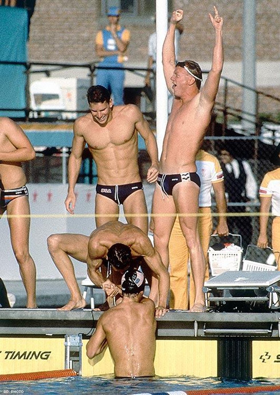 1984: The American swim team (Michael Heath, David Larson, Jeffrey Float, and Bruce Law) celebrating after winning the men's 4x200-meter freestyle swimming event in Los Angeles.
