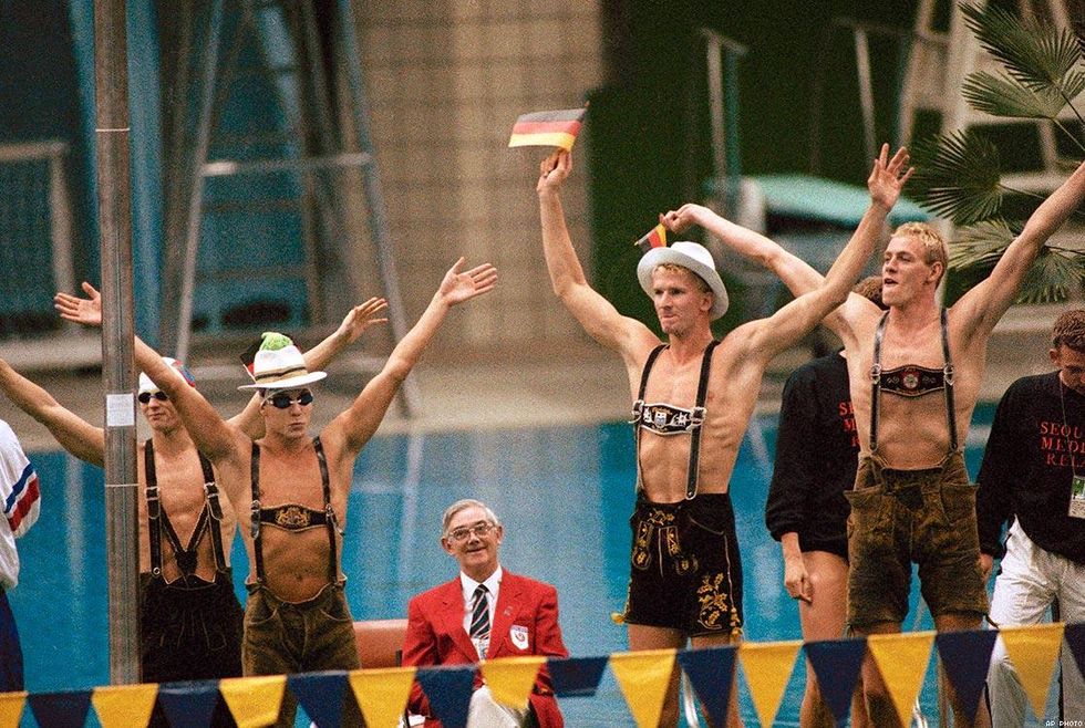 1988: West German butterfly gold medalist Michael Gross (left) and teammate Rainer Henkel are dressed in Bavarian lederhosen in Seoul.
