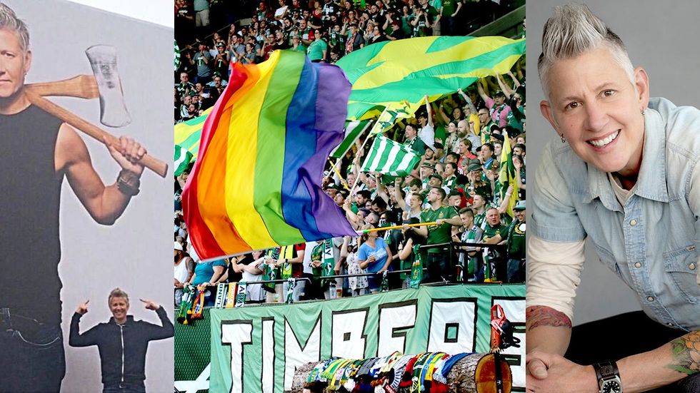 2015 Billboard Portland Timbers FC fans waving flags rainbow lgbtq pride author Shaley Howard