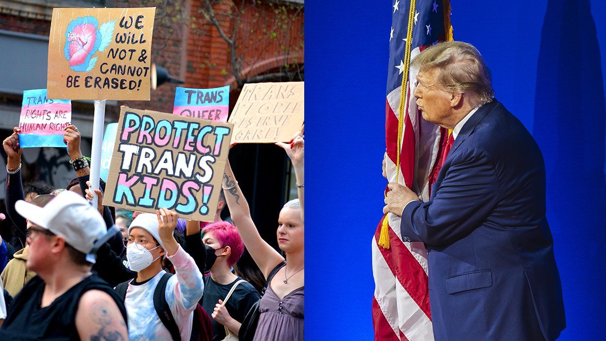 2025 International Trans Day of Visibility in Manhattan transgender rights march NYC sign says protect trans kids alongside 2024 CPAC donald trump hiding behind and kissing american flag