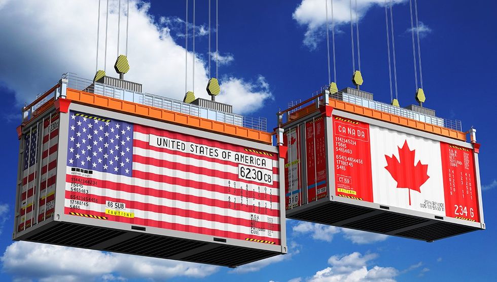 3d illustration of american and canadian shipping containers