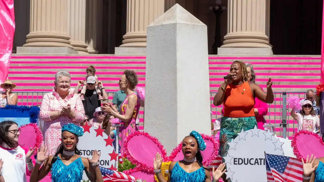 47th President General of the National Society Daughters of the American Revolution Ginnie Sebastian Storage and Anastacia McCleskey (R) are seen on Artwork Float during the 2026 National Cherry Blossom Festival Parade on April 11, 2026 in Washington, DC.