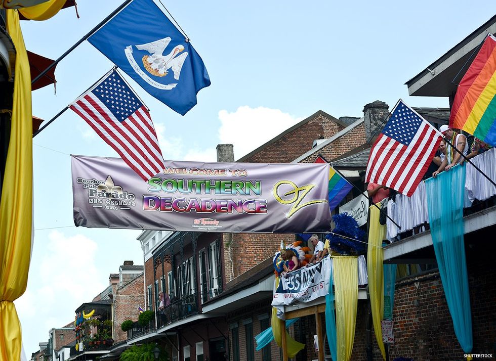 A banner across balconies in the French Quarter welcomes revelers to Southern Decadence in New Orleans.