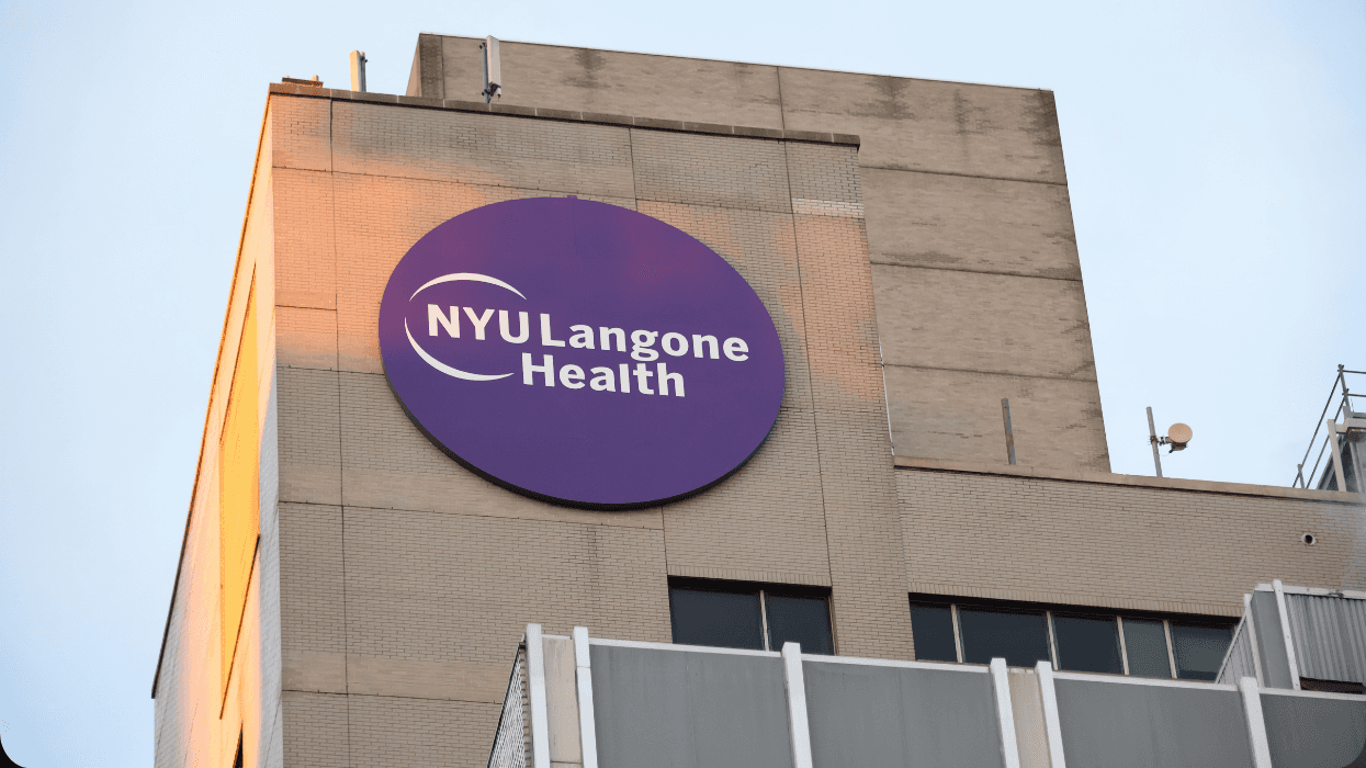 A building displays a purple logo that reads "NYU Langone Health."