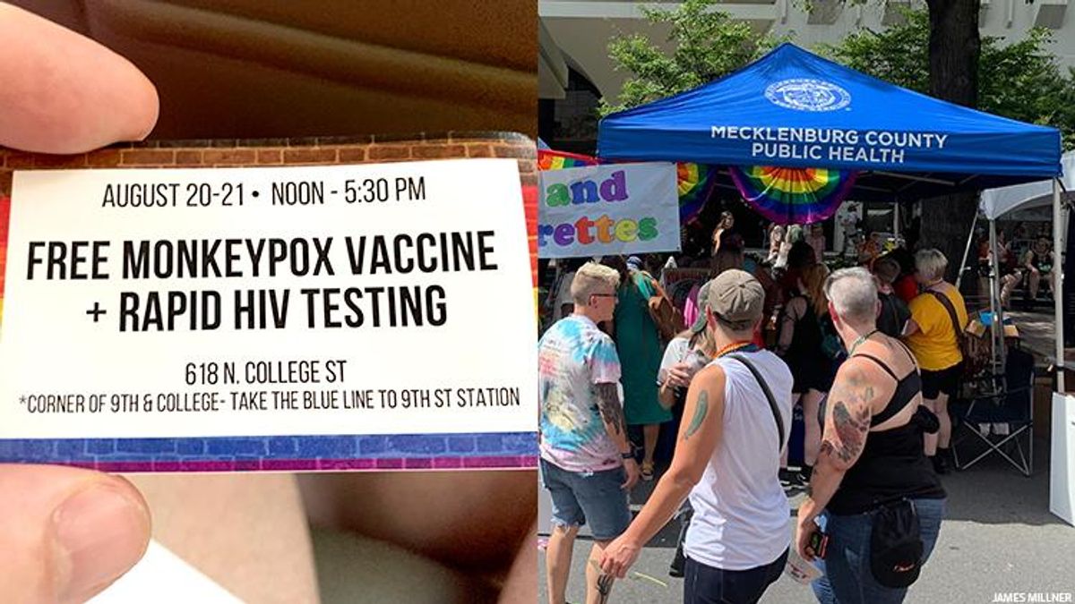 A business card directing people to an off-site location for free monkeypox vaccines at Charlotte Pride and a stand by the Mecklenburg County Health Department that did not have any signage about monkeypox.