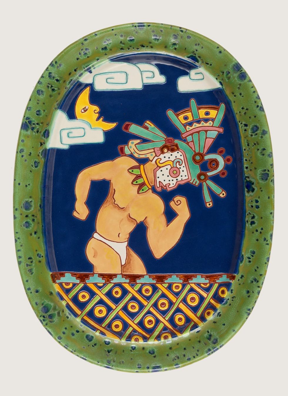 A ceramic plate featuring a Mayan motif by Teddy Sandoval from 1991