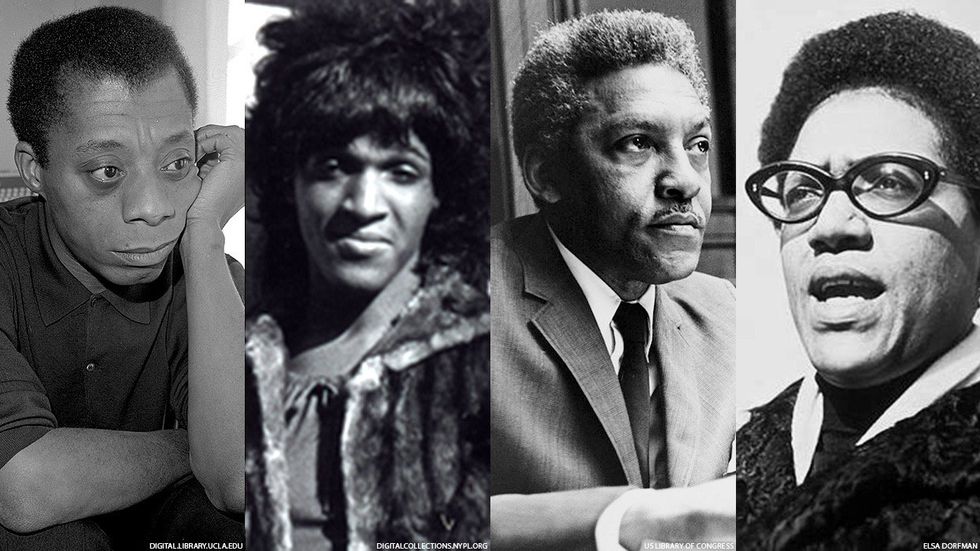 A collage of Black LGBTQ+ leaders Marsha P. Johnson, James Baldwin, Audre Lorde, Bayard Rustin