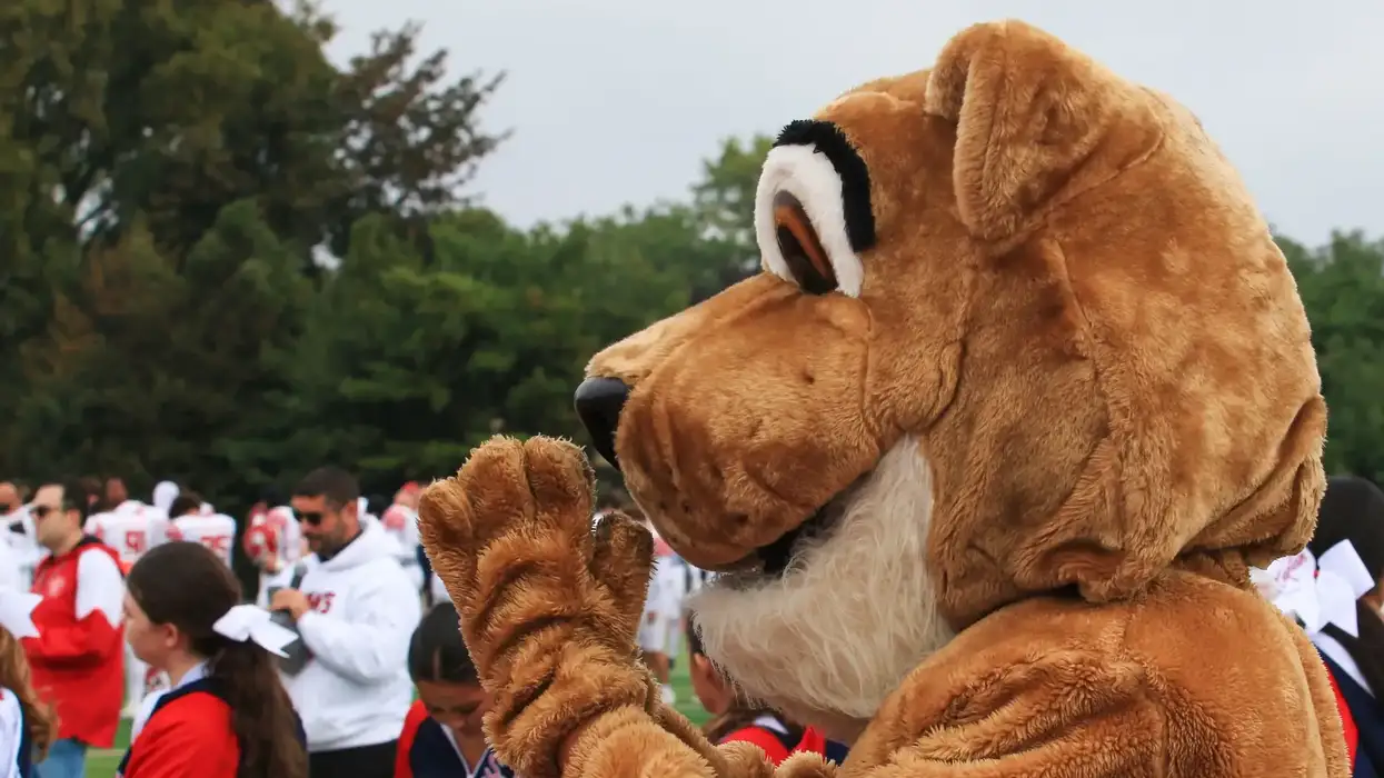 A cougar mascot praying while a priest gives pregame prayer to the fas at a homecomming football game.