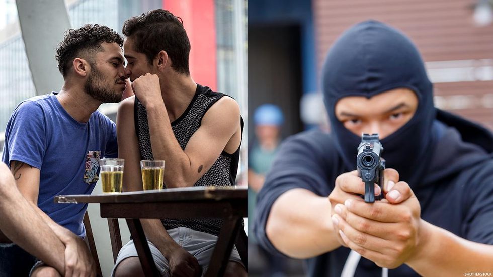 A couple of people appearing to prepare to kiss while enjoying a beer next to a photo of a masked person aiming a gun.
