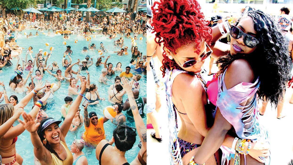 a crowd of queer women and others party in a pool