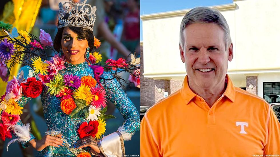 A drag queen next to an image of Tennesee Gov. Bill Lee