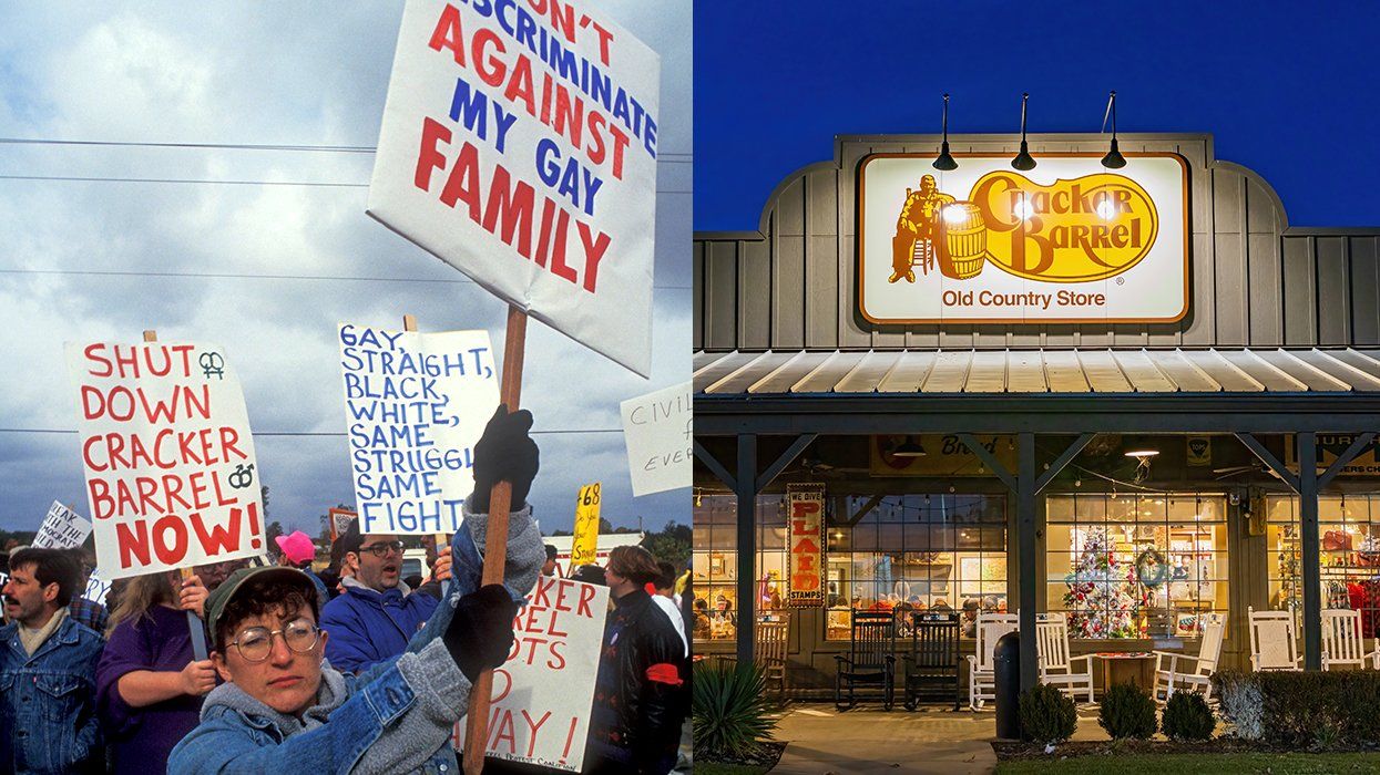 A gay rights protest against Cracker Barrel in Belleville, Michigan in 1991 and a Cracker Barrel storefront