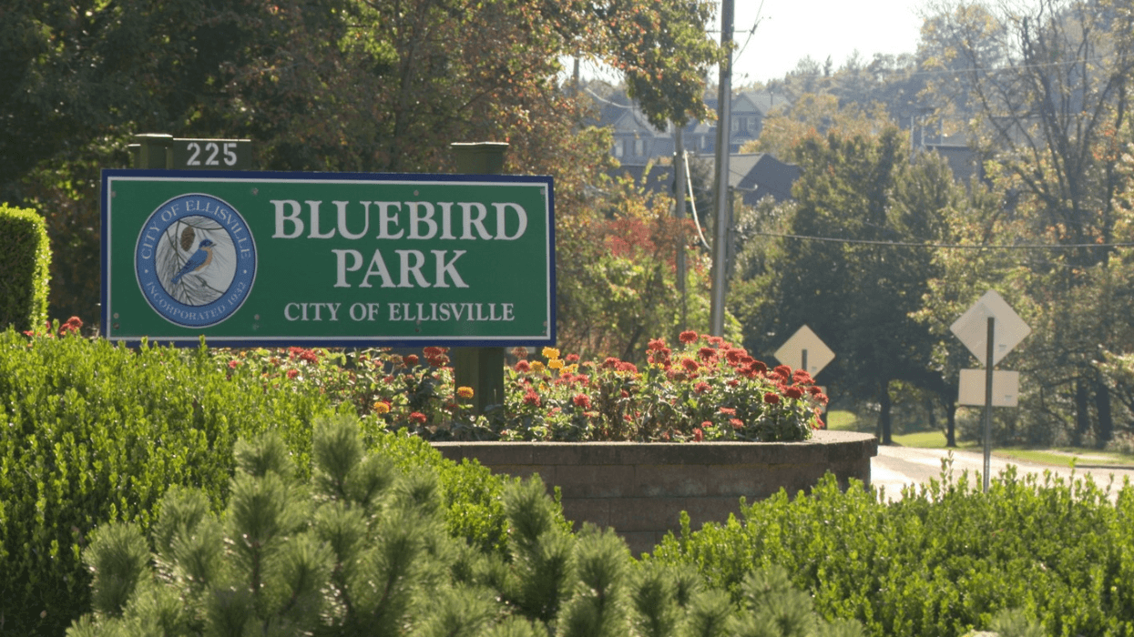 A green sign with the white words "Bluebird Park City of Ellisville"