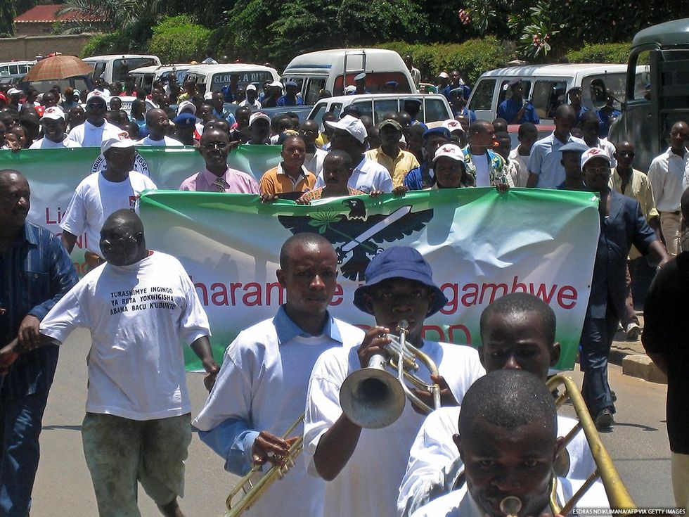 A group of marchers with trumpets.
