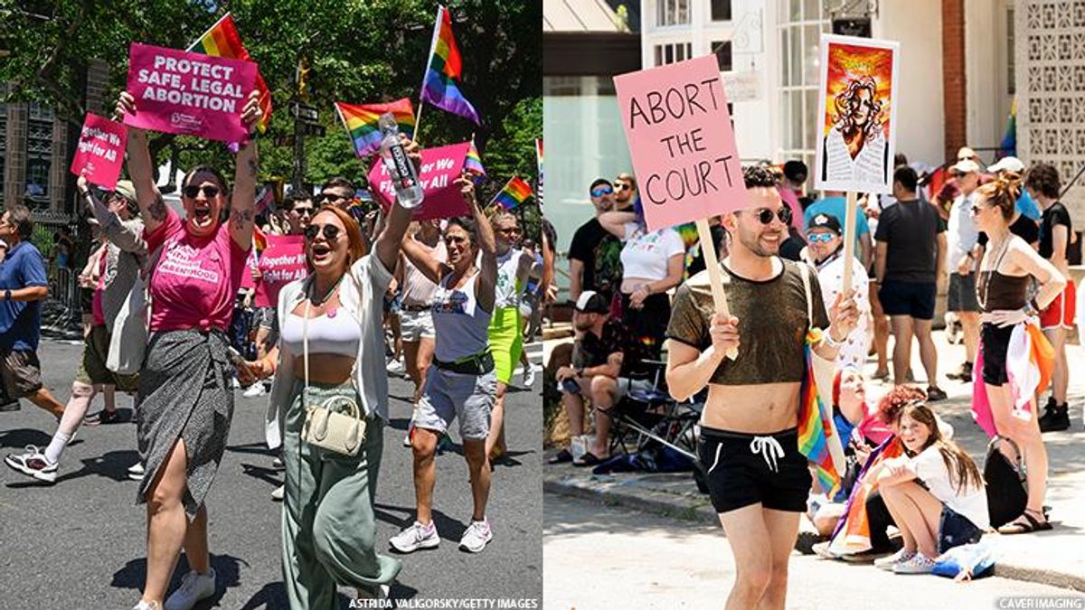 A group of people at New York City Pride Parade in Planned Parenthood shirts next to an image of a man holding a sign that reads 'abort the court'