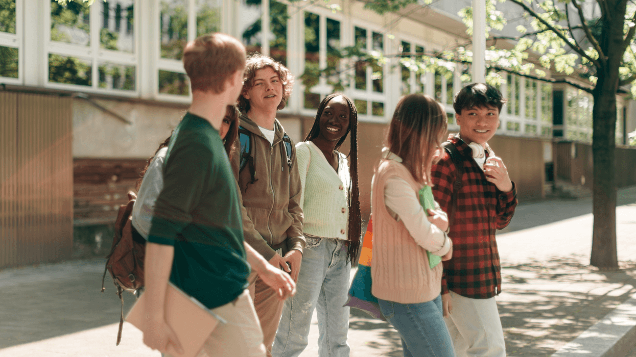 A group of students gathers outside a school.