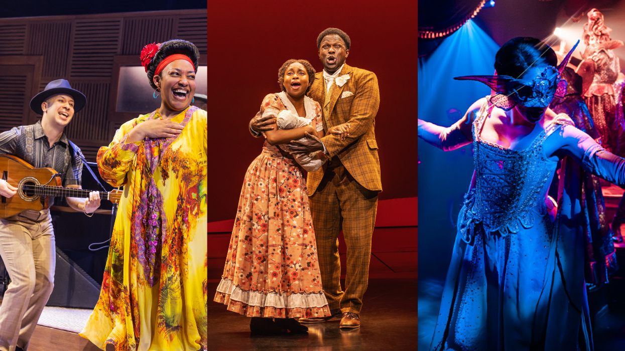 A man playing guitar and a woman laughing with her hand on her chest; a couple holding a baby; and a woman in a masquerade mask