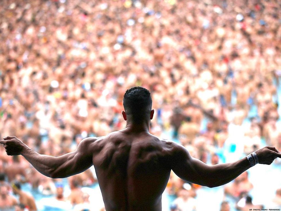 A massive circuit party in Barcelona in a massive water park pool. Wear sunscreen
