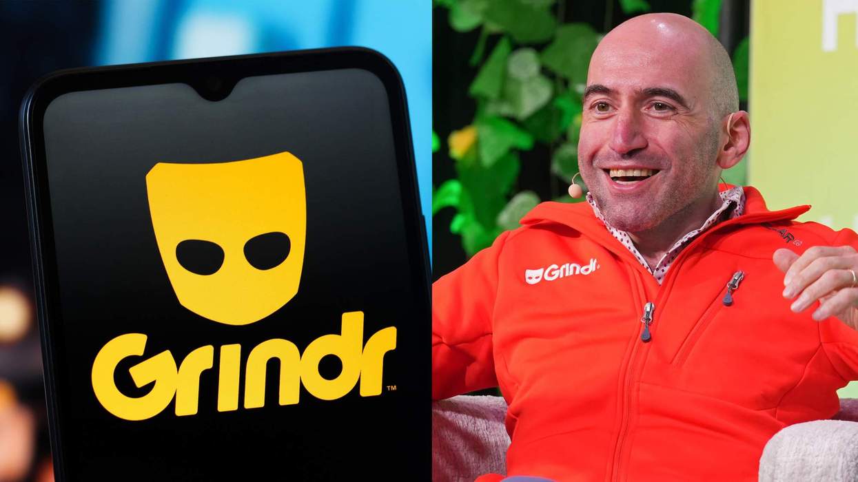 A phone with the Grindr app on it and Grindr CEO George Arison.