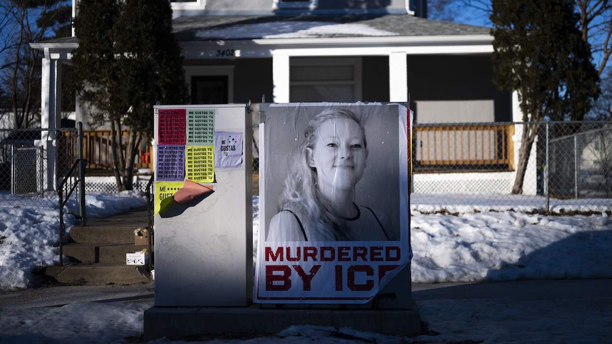 A poster reads "Murdered by ICE" near the site where Renee Good was killed a week ago on January 14, 2026 in Minneapolis, Minnesota