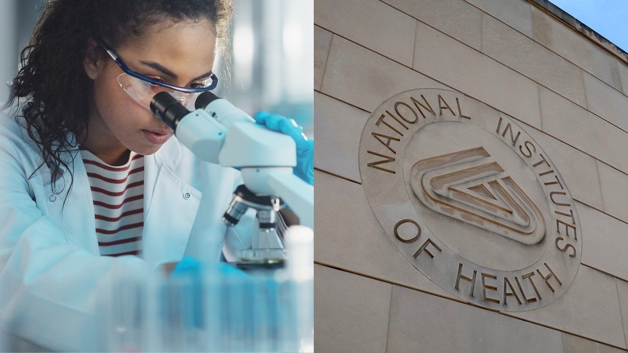 a scientist in lab alongside the national institutes of health building