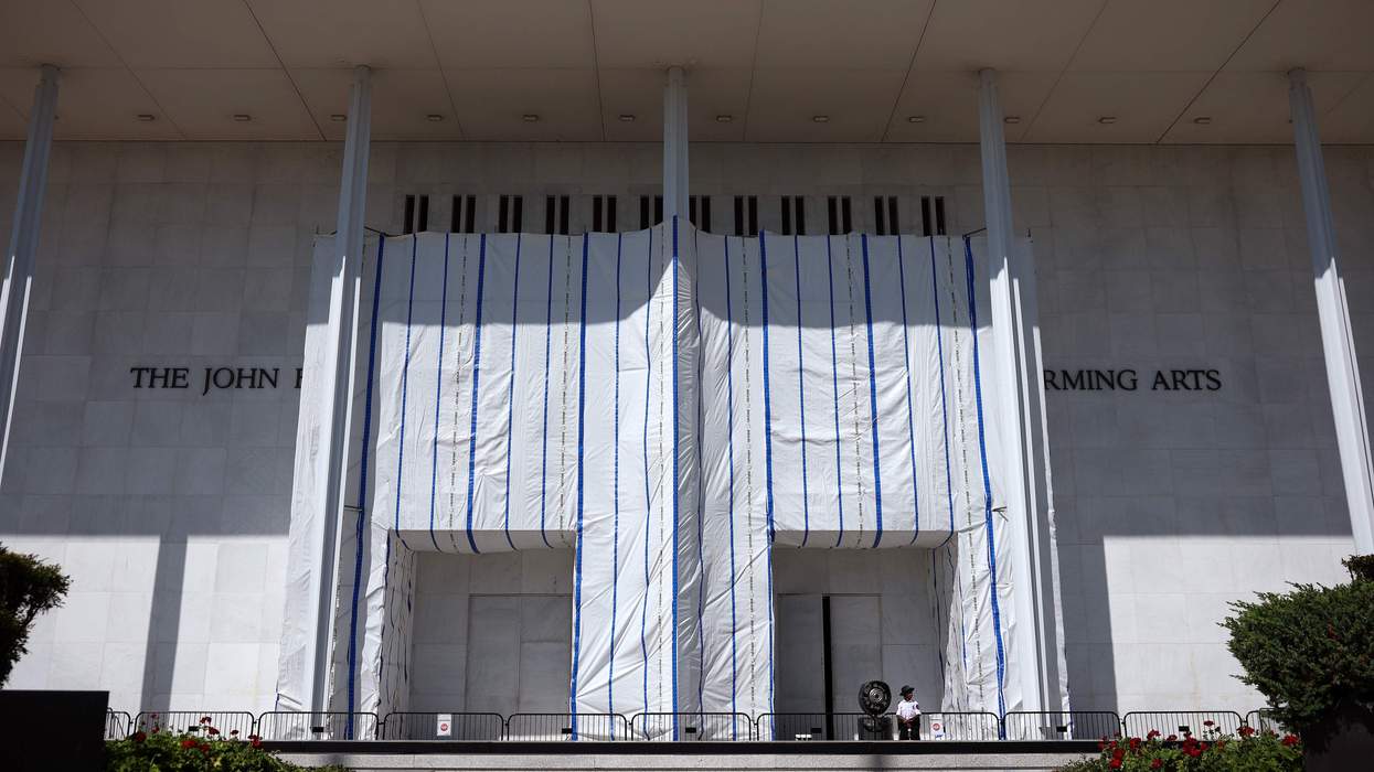A tarp remains in place on the facade of the John F. Kennedy Center for the Performing Arts on August 25, 2026 in Washington, DC.