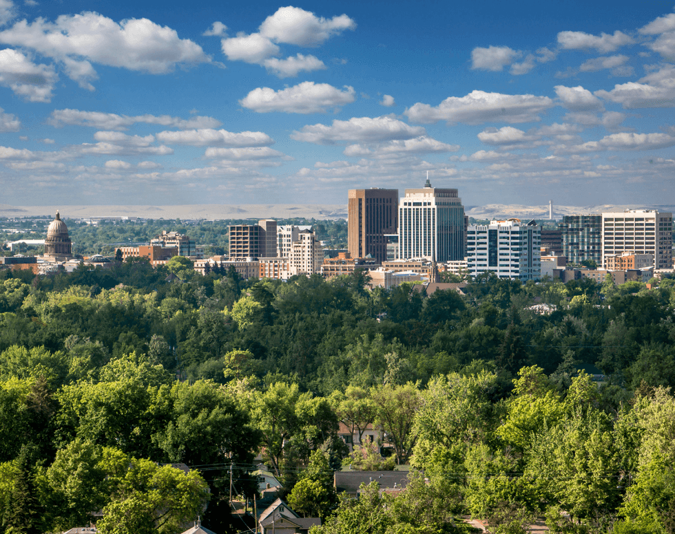 A view of downtown Boise, Idaho, with trees, buildings, and the state capitol visible in the distance.