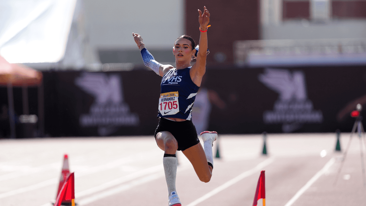 AB Hernandez competes in the girls' long jump at the 58th Arcadia Invitational in Arcadia, California.