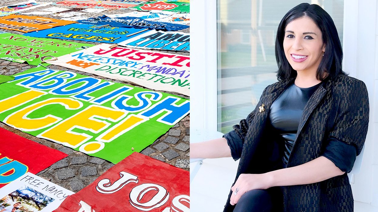 Abolish ICE signs Anti Trump Immigration Policy Rally Armstrong Park New Orleans Transgender Latina woman Arely Westley Robert F Kennedy Human Rights Award winner