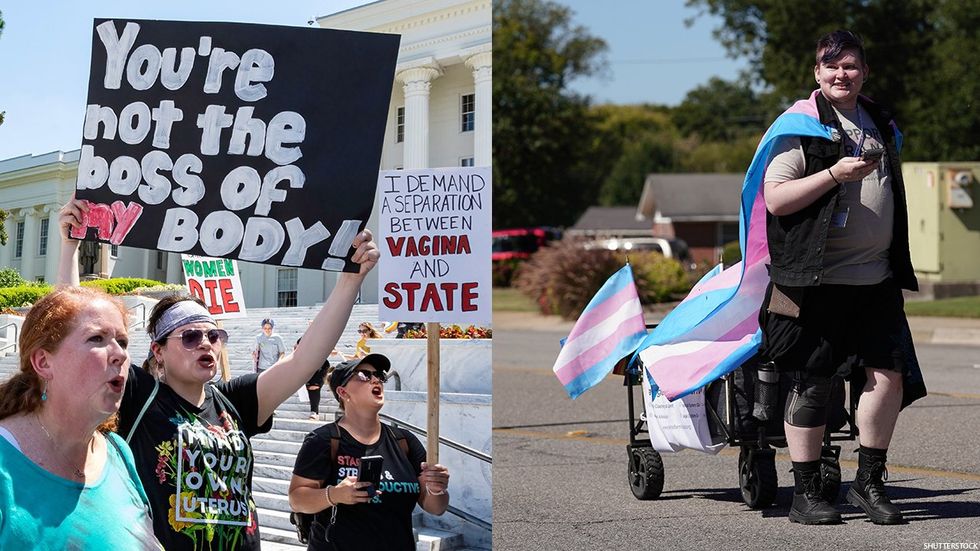 Abortion rights and trans rights demonstrators in Alabama