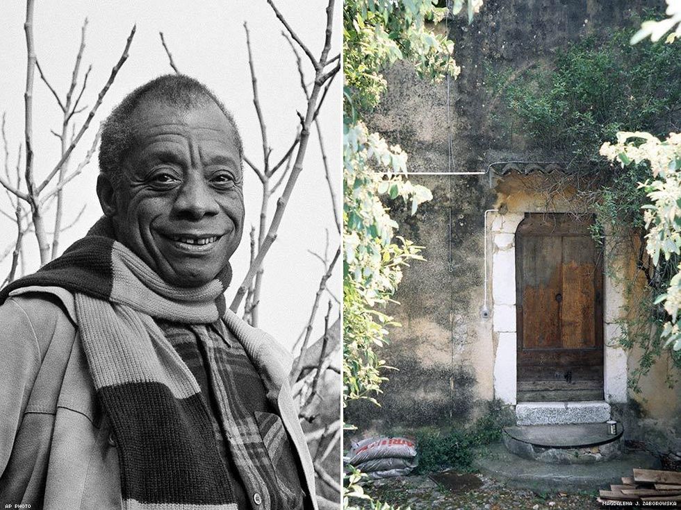Above left: American writer James Baldwin is photographed at his Saint Paul De Vence house on the French Riviera, March 15, 1983. Right: The front door at Chez Baldwin. Read more below.