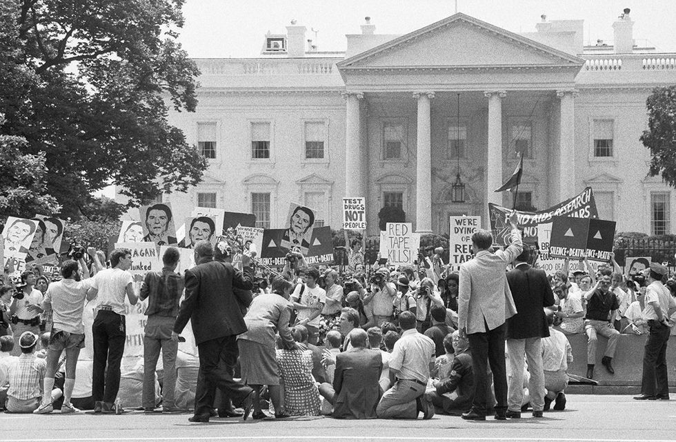 activist group Act Up demonstrates in front of the White House demanding more money for AIDS HIV research 1987