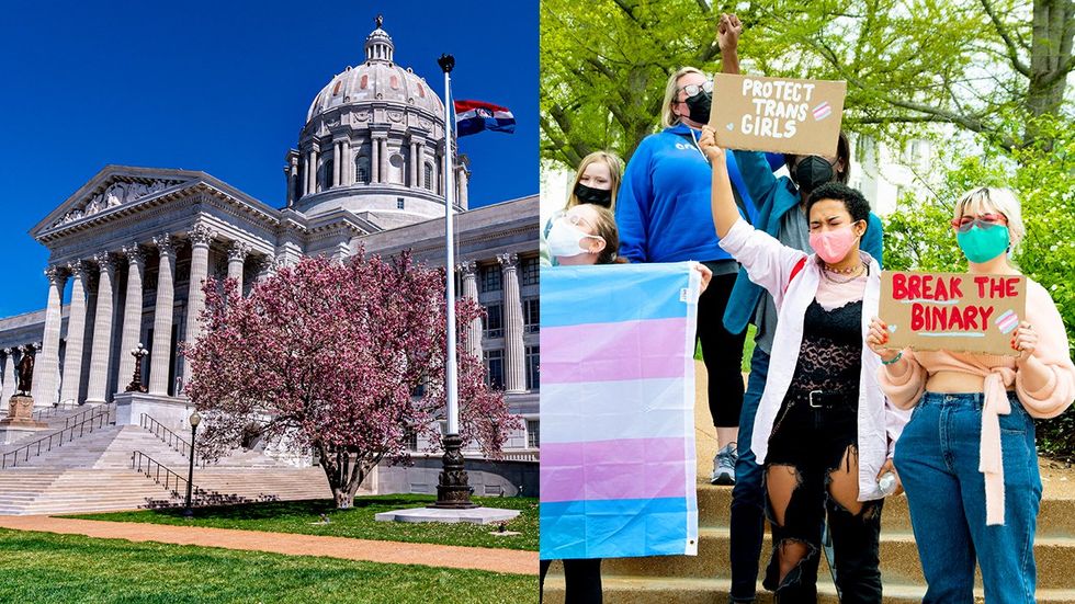Activists gather at the Missouri State Capitol to demand equal rights for trans humans and to denounce anti transgender legislation