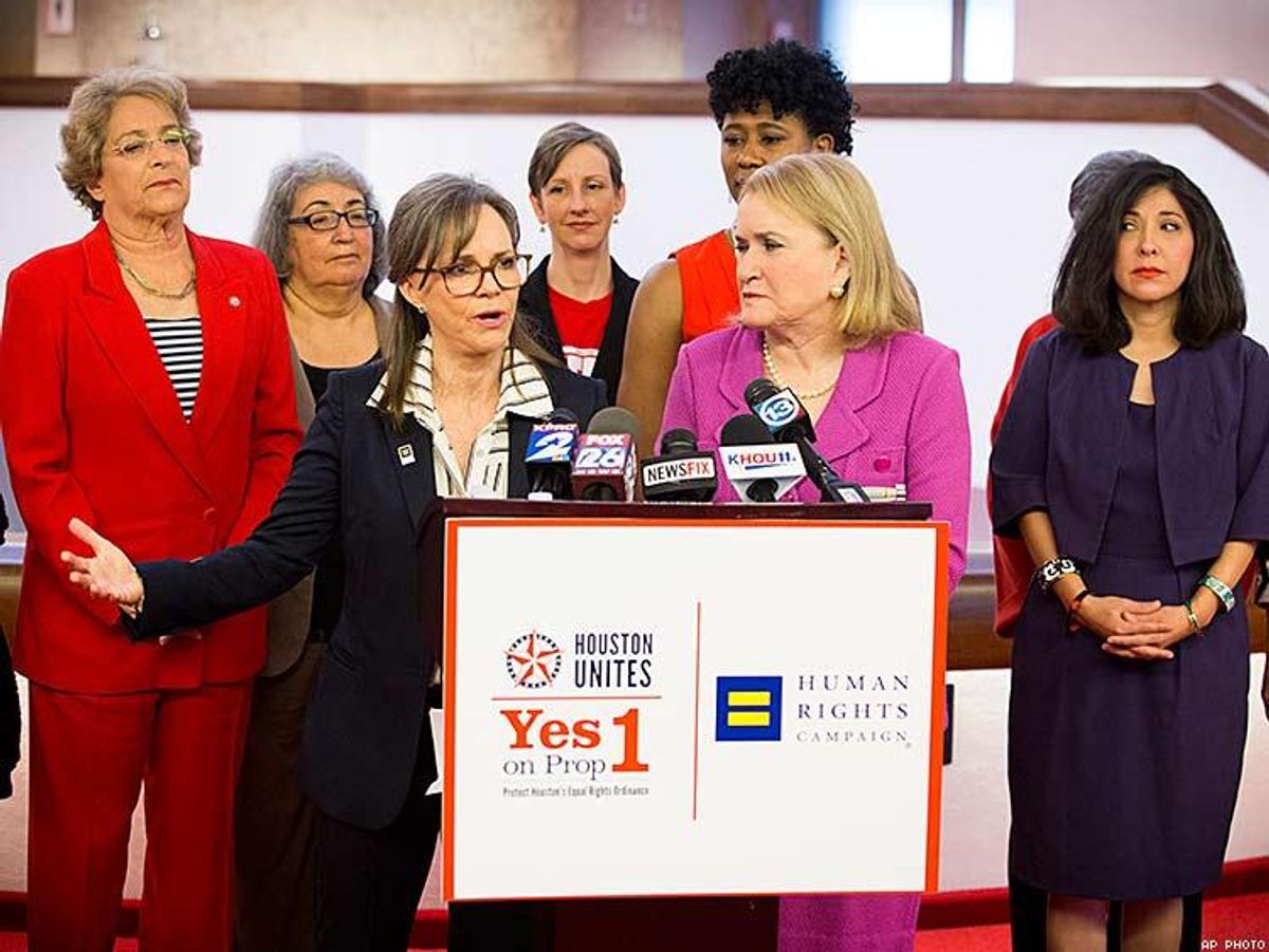 Actress Sally Field with Houston area women leaders speaks at a Human Rights Campaign press conference in Houston.