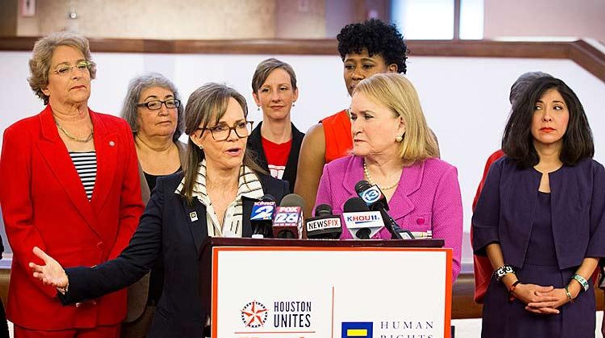 Actress Sally Field with Houston area women leaders speaks at a Human Rights Campaign press conference in Houston.