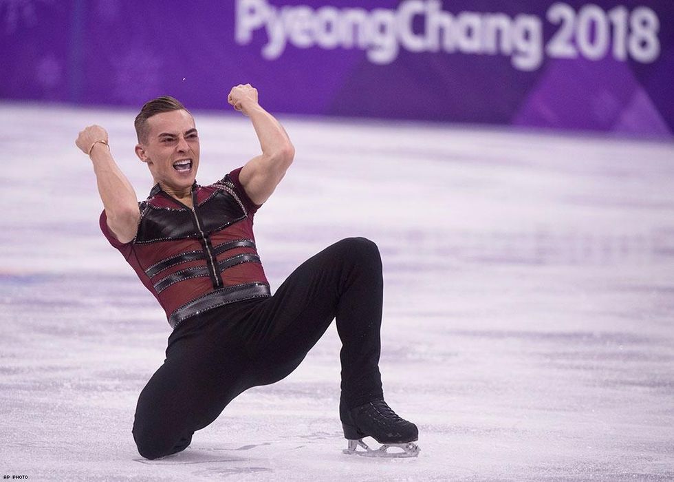 Adam Rippon of the United States reacts at the end of his program in the men's figure skating short program.