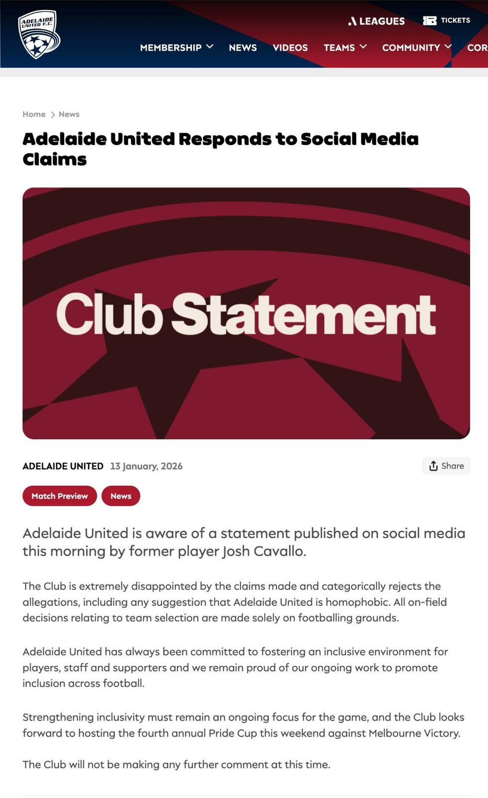 Adelaide United FC shares a post titled 'Adelaide United Responds to Social Media Claims' to its official website on January 13, 2025