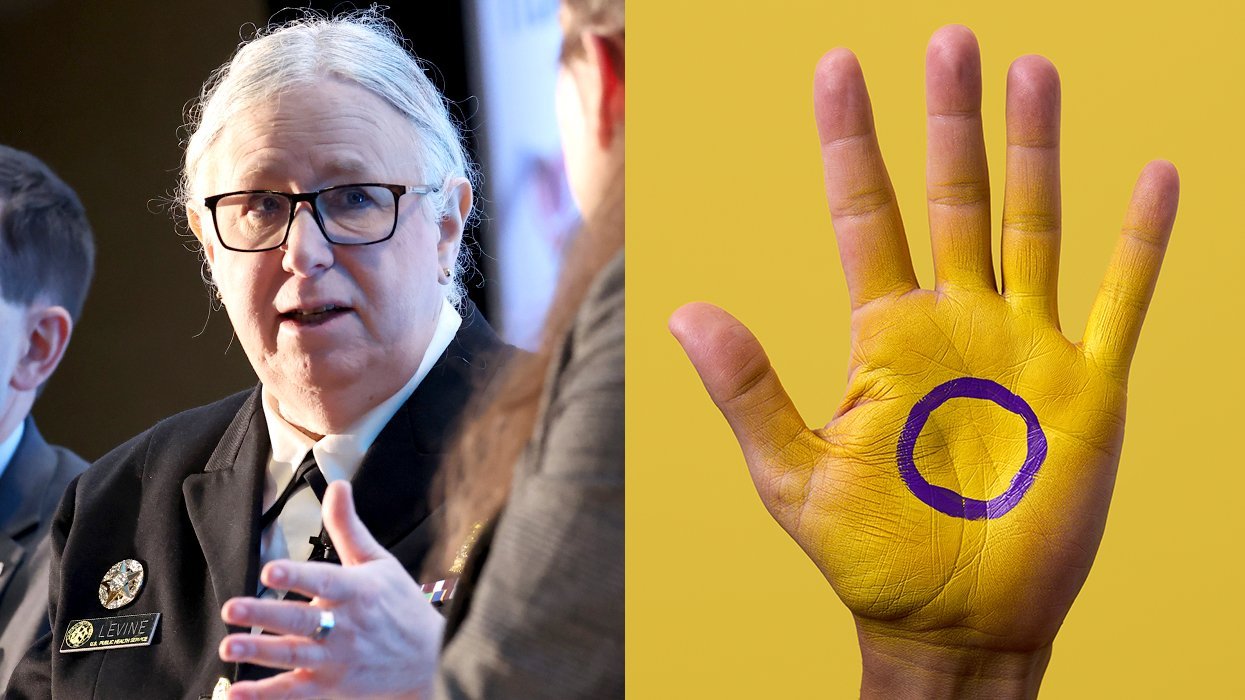 Admiral Rachel L. Levine, Health and Human Services; intersex pride symbol painted on palm of hand