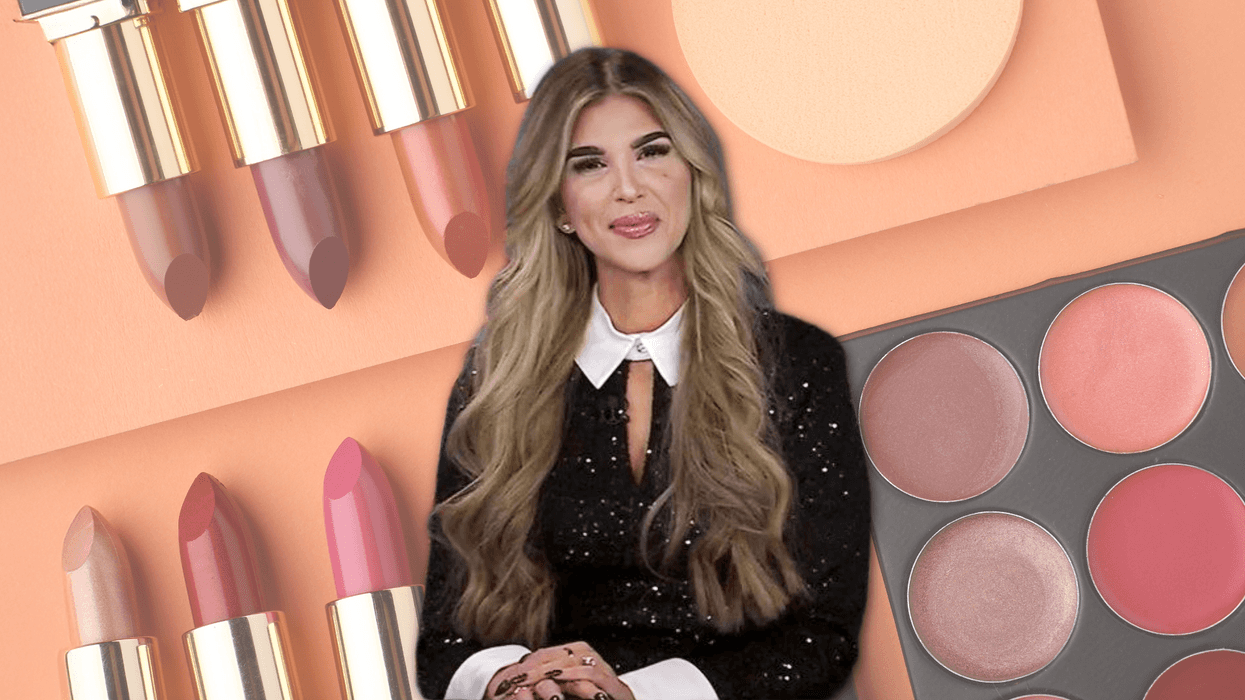 Adrienne Gray in front of a stock picture of cosmetics