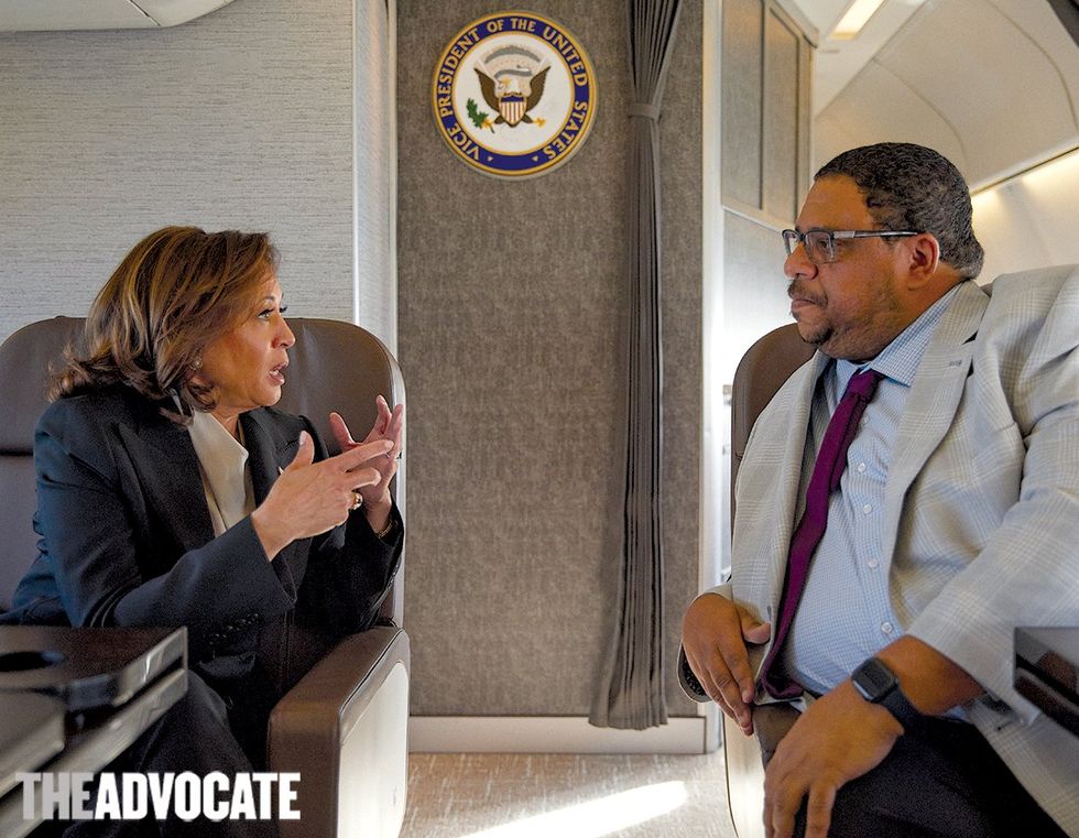 Advocate Magazine christopher wiggins interviewing kamala harris airforce2 2023