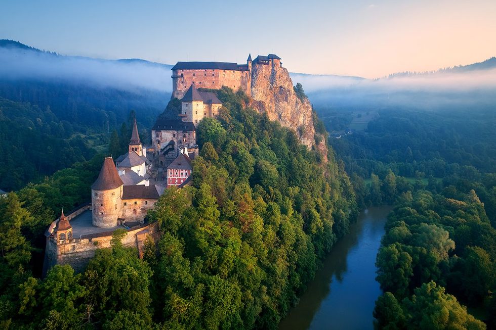 Aerial view of the medieval Orava Castle in Oravsk\u00fd Podz\u00e1mok, Slovakia