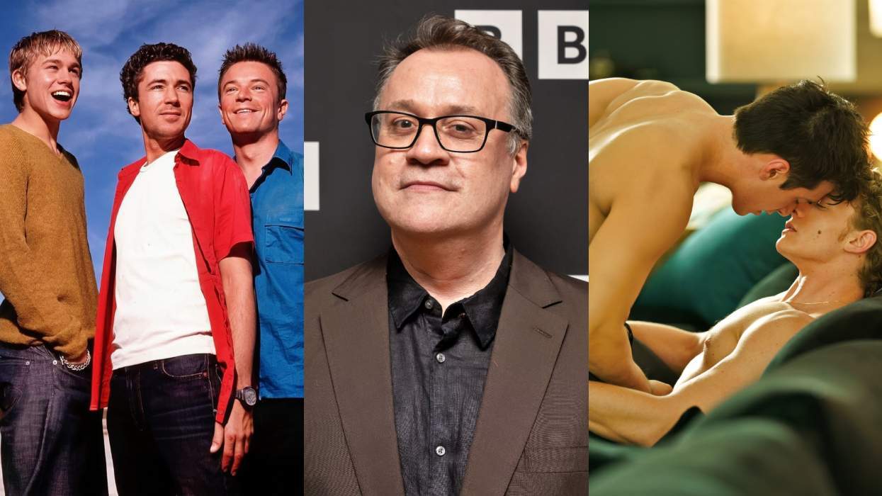 Aidan Gillen, Charlie Hunnam, and Craig Kelly on Queer as Folk 1999; Russell T Davies on a red carpet in November 2025; Hudson Williams and Connor Storrie on Heated Rivalry