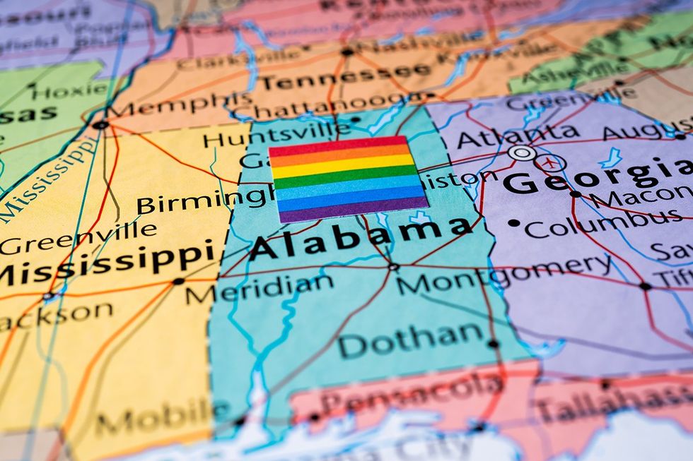 Alabama map LGBTQ rainbow pride flag