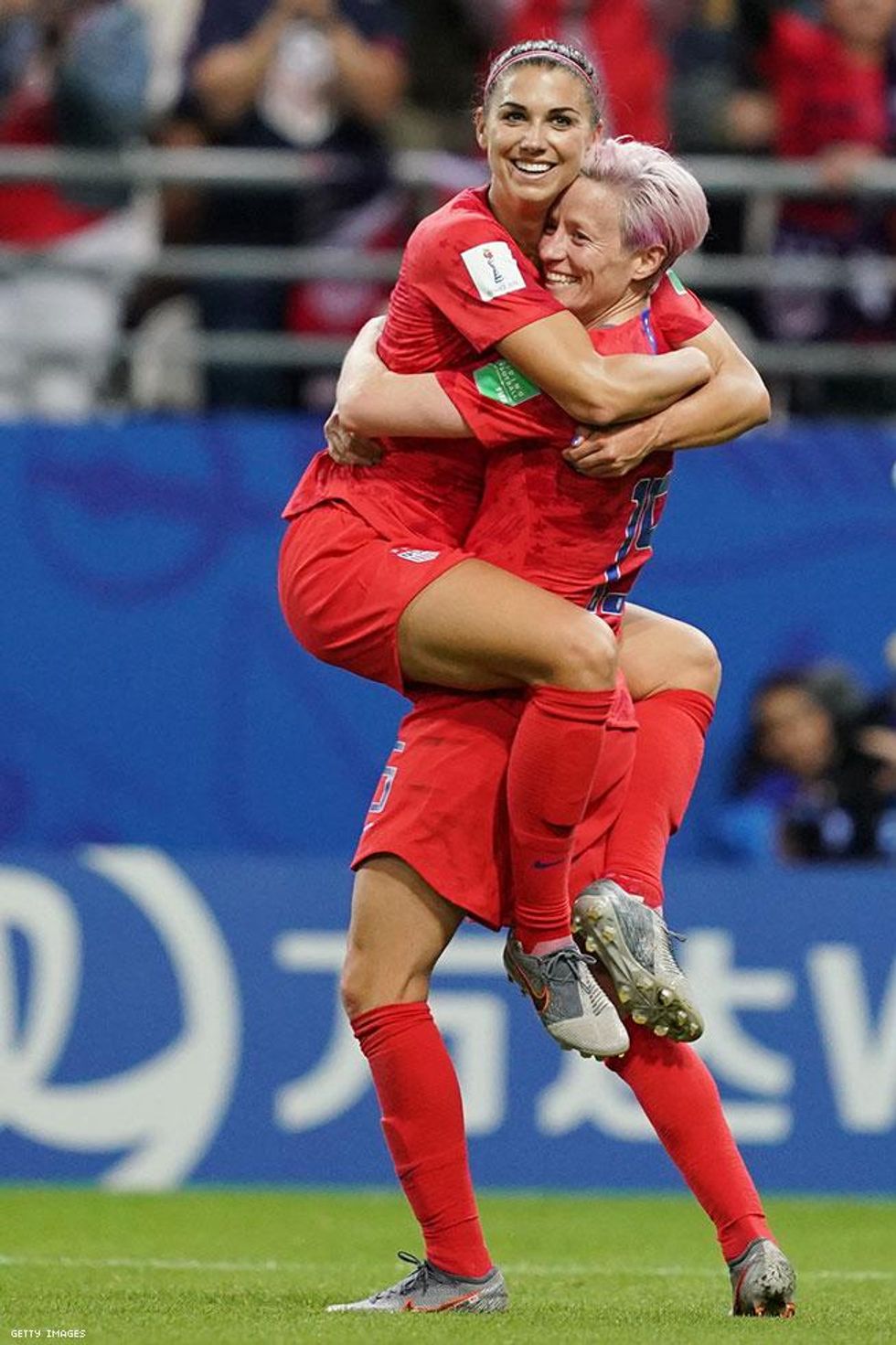 Alex Morgan and Megan Rapinoe hug it out after one of the many goals scored.