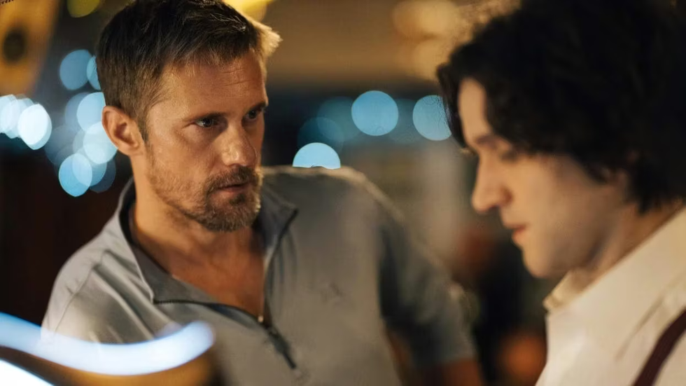 Alexander Skarsg\u00e5rd and Harrry Melling in 'Pillion'
