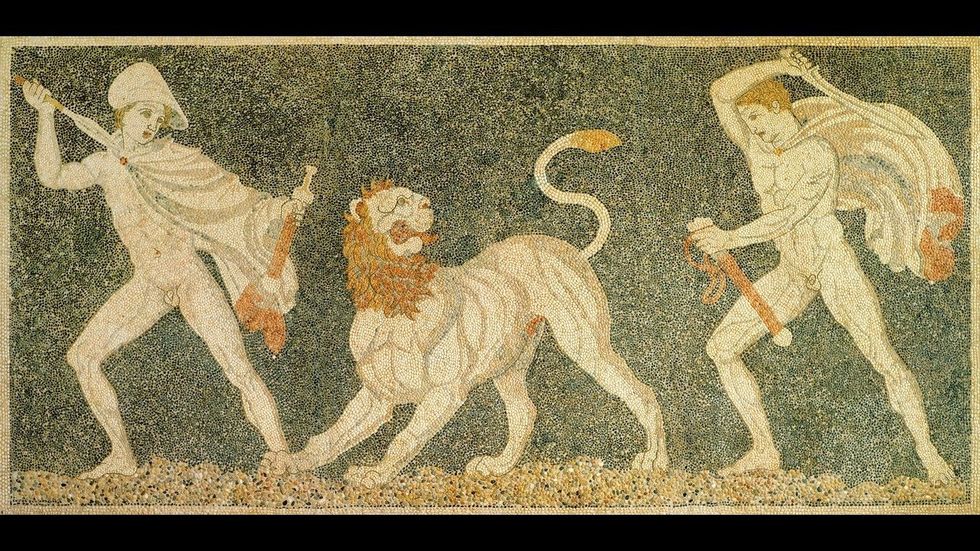 Alexander the Great and Hephaestion during a lion hunt