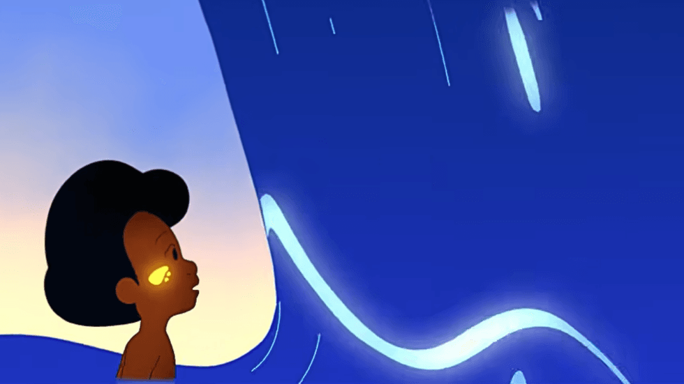 An animated young boy looks up at a glowing wave in deep blue tones in a scene from the short film \u2018WAVES.\u2019