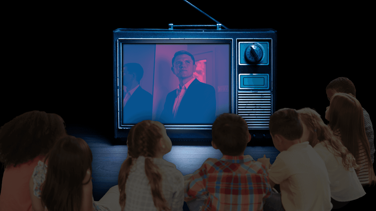 An illustration of children watching James Talarico on TV